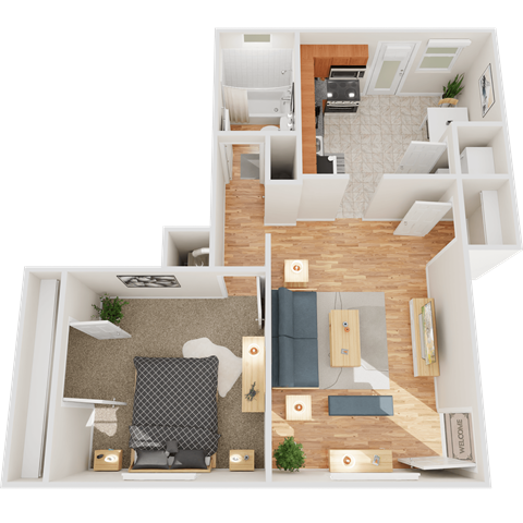 Floor plan for 1 bed, 1 bath, 690 sqft